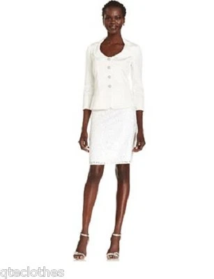 TAHARI $320 NUEVO Blanco Retrato-Cuello Pulsera Manga Chaqueta y Falda de Encaje 10 QCO Foto 1 de 4