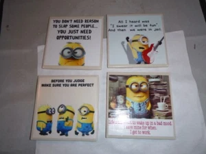 Set of 4 Handmade Ceramic Tile Coasters Funny Minion's - Picture 1 of 5