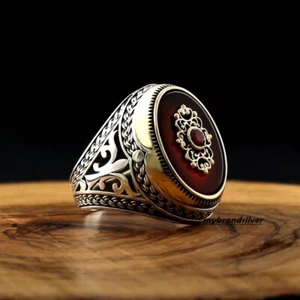 Solid Red Agate Men's Ring 925 Sterling Silver Handmade Turkish Jewelry - Picture 1 of 4