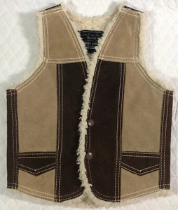 Vintage Genuine Leather Kids Tan Brown Colorblock Snap Up  Sherpa Vest Sz 10 USA - Picture 1 of 12