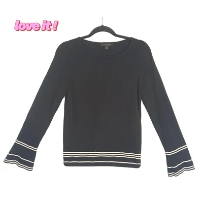 Suéter Ann Taylor Tejido Negro Manga Campana Pequeña Dobladillo a Rayas Elegante ✨ Foto 1 de 4