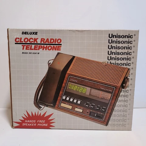 Unisonic Deluxe Clock Radio/Telephone 6041W~Wood Grain~1984~Hong Kong~Tested! Cover