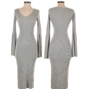 French Connection Gray Ribbed Dress Flared Sleeve Bodycon Knit Midi Size 0 - Picture 1 of 5