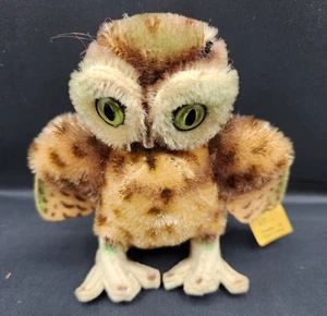 Steiff Wittie Eule 4" Mohair leuchtend grüne Glasaugen drehbarer Kopf Knopf Anhänger Vintage - Bild 1 von 9