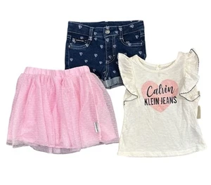 Calvin Klein Niñas Pequeñas 3 Piezas Jean Pantalones Cortos Tul Falda Flutter Top Conjunto Talla 3T - Imagen 1 de 1