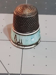 Antique Sterling Silver & Enamel Thimble Color Blue And White - Picture 1 of 7