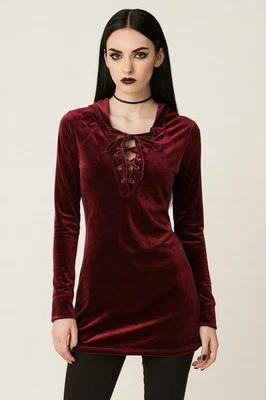 Camisa con capucha renacentista caprichosa hada bruja con cordones terciopelo borgoña para mujer Foto 1 de 4