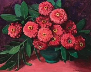 Jane Peterson Red Zinnias Canvas Print 16 x 20 - Picture 1 of 4