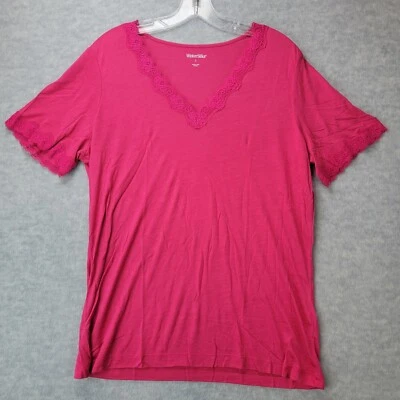 WinterSilks T Shirt Short Sleeve Cerise V Neck Base Layer Lace Womens L NWT - Image 1 of 4