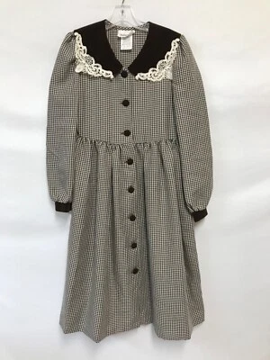 Camisa Bonnie Jean Niñas 12 Marrón Cuadros Guinga Vestido Encaje Cuello Pradera De Colección Foto 1 de 4