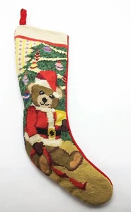 Teddybär Weihnachtsmann Nadelspitze Weihnachtsstrumpf 18 x 9 Vintage Wolle rot Urlaub - Bild 1 von 9