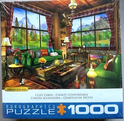 Cozy Cabin New 1000 pc Puzzle Mountains Lake Trees Stone Wall Couches Lamps Wood - Image 1 of 3