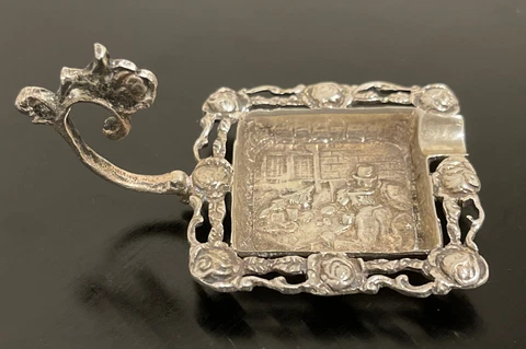 900 Sterling Silver Egyptian Embossed Design Individual Ashtray with Handle RARE Cover