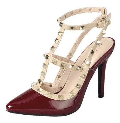 Forever Women Stiletto High Heels Pointy Toe Studded Pumps Strap STUDS Burgundy - Image 1 of 4