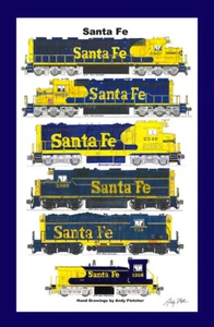 Póster de locomotoras de Santa Fe azules y doradas 11"x17" alfombrilla firmada por Andy Fletcher - Imagen 1 de 1