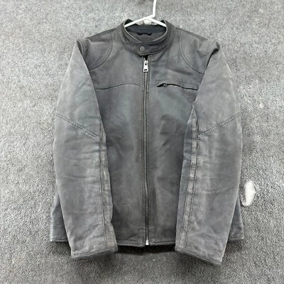 Black Rivet Jacket Mens M Grey Genuine Real Leather Polyester Biker Band Collar - Image 1 of 4