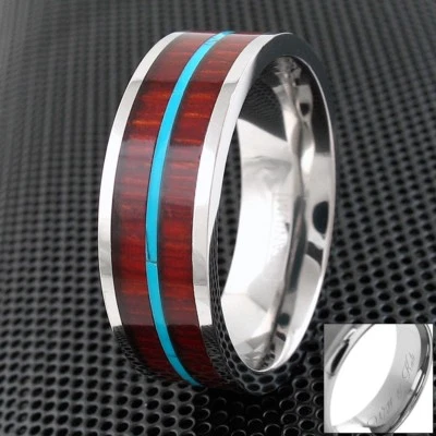 Alianza de boda de titanio de 8 mm de madera de koa hawaiano y turquesa - Grabado disponible. Foto 1 de 4