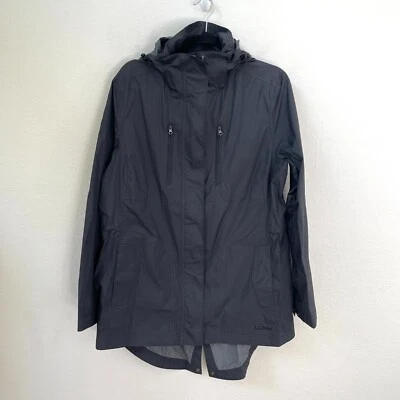 LL Bean Womens Large Black Waterproof Windbreaker Jacket Hooded Zip Pockets - Image 1 of 4
