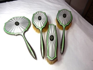 Vintage Sterling Silver ART DECO Guilloche Enamel Vanity Set - ADIE BROS Stamped - Picture 1 of 15