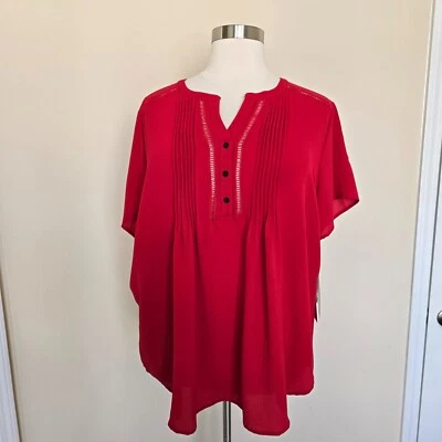 Rebecca Malone Plus Size 3X Red Short Sleeve Pleated V-Neck Shirt Top Blouse NWT - Image 1 of 4