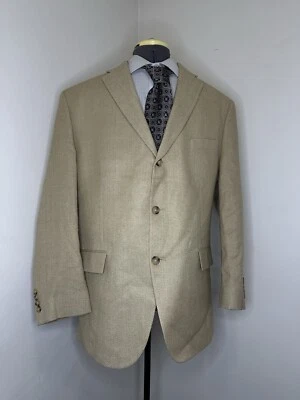 Мужской шелковый блейзер 45R бежевый в елочку на 3 пуговицах 2XL 49 дюймов спортивное пальто костюм куртка - Изображение 1 из 4