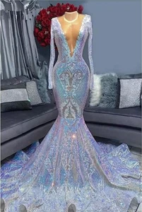 Langarm Pailletten Meerjungfrau glänzend Abschlussball Party Abendkleid Festzug Galakleid - Bild 1 von 5