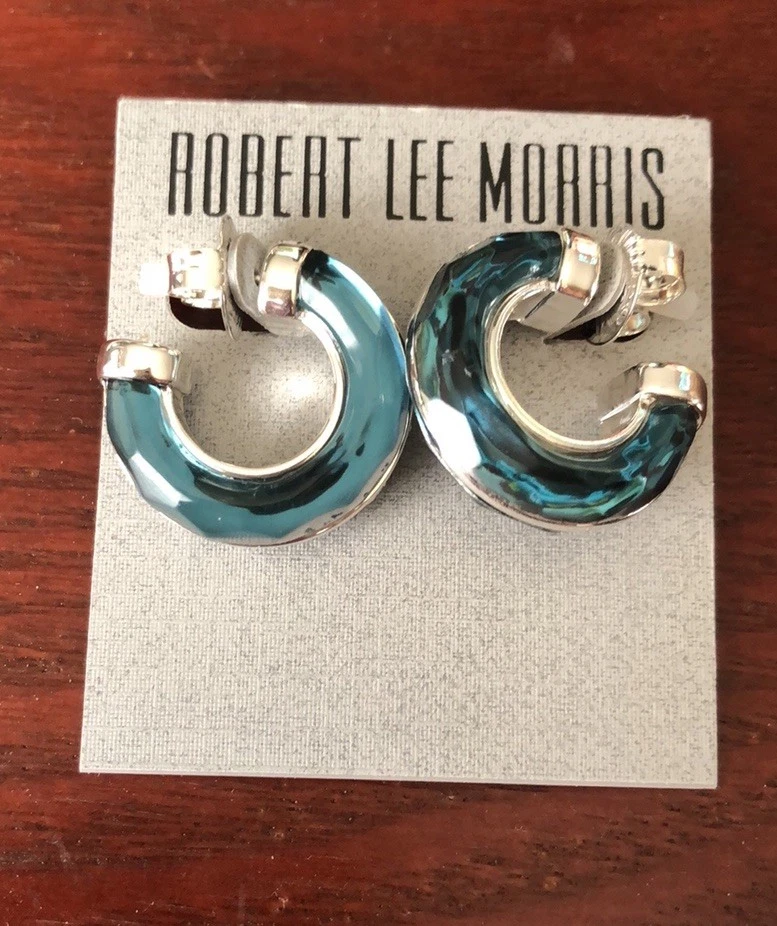 Pendientes de aro Robert Lee Morris tono plata gruesos en forma de C cristal azul nuevos con etiquetas Foto 1 de 4