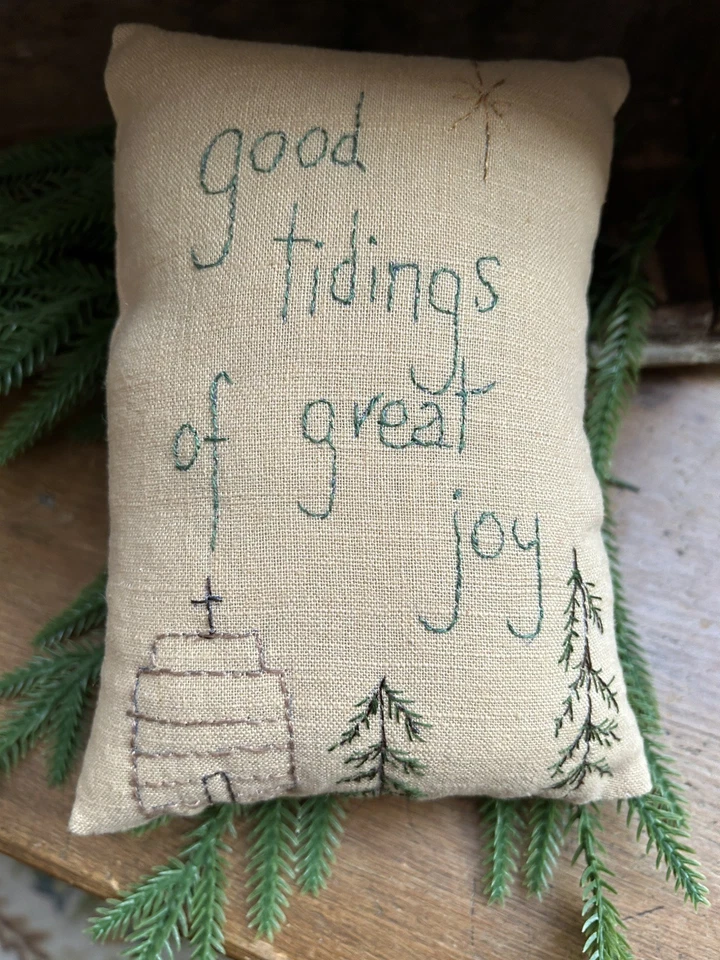 Primitive Stitchery  Handstitched  Good  Tidings Christmas Ornie Pale Mustard - Image 1 of 1