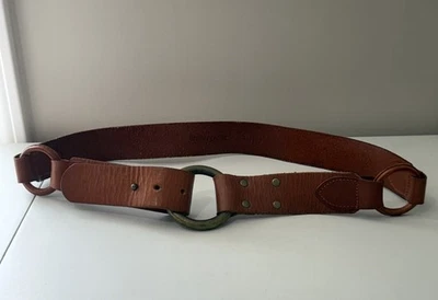 Linea Pelle Brown Leather Belt Brass Ring Boho Cottage Anthropologie Medium - Image 1 of 4
