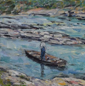 Dipinto Olio Arte Orig RM Mortensen "Sotto la Diga" Pesca Vecchio Timer Barca Fiume - Foto 1 di 1