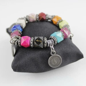 Bohemian Multi-Color Bead Bracelet Silver Tone Coin Dangle Charm Jewelry - Picture 1 of 8