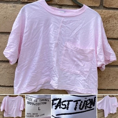 Vintage Fast Turn Cropped T Shirt Boxy Fit Half Shirt Pink Pocket Tee Size L 80s - Image 1 of 4