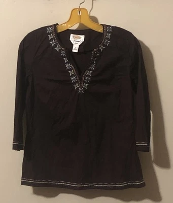 Vtg Talbots PS Dark Brown Lightweight Embroidered 3/4 Peasant Top Split V Neck - Image 1 of 4