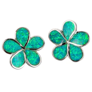 Plumeria Kiwi Green Fire Opal Silver Jewelry Stud Earrings - Picture 1 of 6