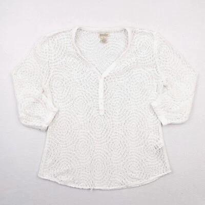 Lucky Brand Sweater Womens Medium White Lace Open Knit 3/4 Sleeve Pullover BOHO - Image 1 of 4