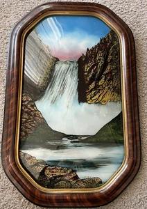 Antique Reverse Painted Bubble Glass Convex Yellowstone Waterfall Painting - Picture 1 of 17