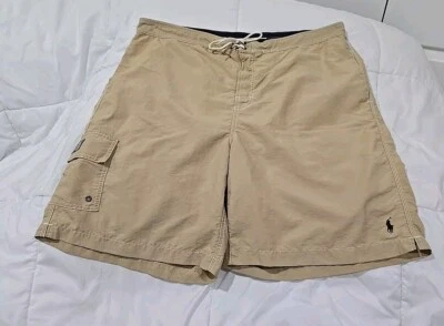 Roupa de banho Polo Ralph Lauren masculina média troncos cáqui forro de malha logotipo pônei azul - Imagem 1 de 4