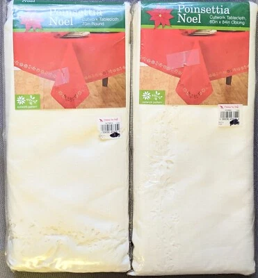 Poinsettia Noel Cutwork Tablecloth NWOT 60x84” Oblong & 70" Round Christmas Tree - Image 1 of 4