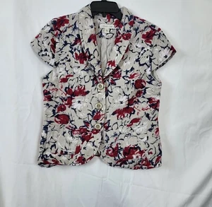 Coldwater Creek Beige Red & Blue Floral Cap Sleeve 3 Button Jacket Size 12 - Picture 1 of 10