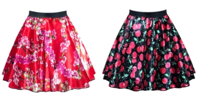 Ladies SATIN ROCKABILLY Skirt Cherry & Blossom Rock n Roll UK 1950s Costume - Image 1 of 3