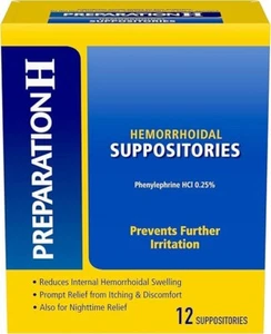 Preparation H Hemorrhoidal Suppositories, Phenylephrine HCI 0.25%, 12 Count USA - Picture 1 of 4