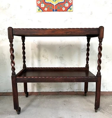 Early 1900s English Arts & Crafts Barley Twist Drinks Cart - Very Good Condition - Image 1 of 4