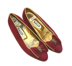 Vintage Bally Wedge Bow Flats Loafers Size EU 36 Red Suede Almond Toe Italy US 6 - Picture 1 of 4
