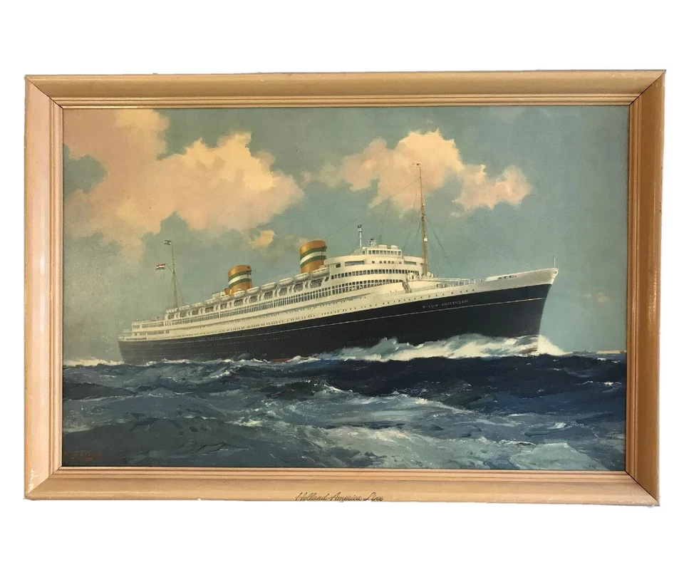 Vtg '60s Holland America Line Cruise Ship Advertising Sign Print Nieuw Amsterdam - Image 1 of 4