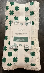 ST PATRICKS DAY SHAMROCK NAPKINS WHITE LACE TRIM SET OF 6 THE FARMHOUSE - Picture 1 of 5