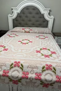 Vtg Morgan Jones Pink White Floral Chenille Coverlet Bedspread Full With Fringe - Picture 1 of 22