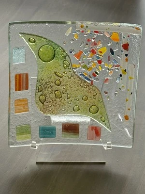 Plato cuadrado de vidrio fundido arte de estudio plato de baratija abstracto color brillante hecho a mano Foto 1 de 4