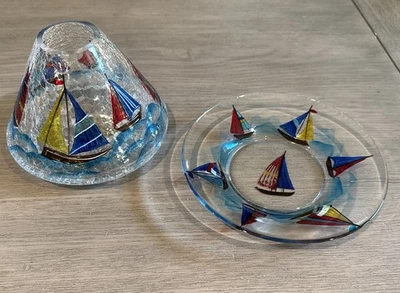 Yankee Candle Sailboat Crackle Glass Candle Topper/Shade and Plate Tray Nautical - Image 1 of 4