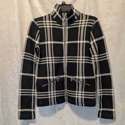 Lauren Ralph Lauren Black White Plaid Cotton Blazer Jacket Knit Zip Size Small - Image 1 of 4