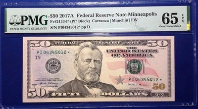 2017A $50 Federal Reserve Note Fr-2133-I* Minneapolis PMG65 Gem EPQ - Image 1 of 2